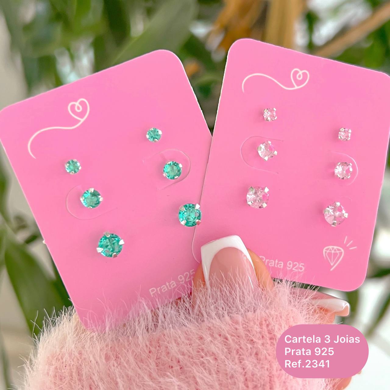 3 Brincos Trio Zircônia 3,4 e 5cm (rosa)