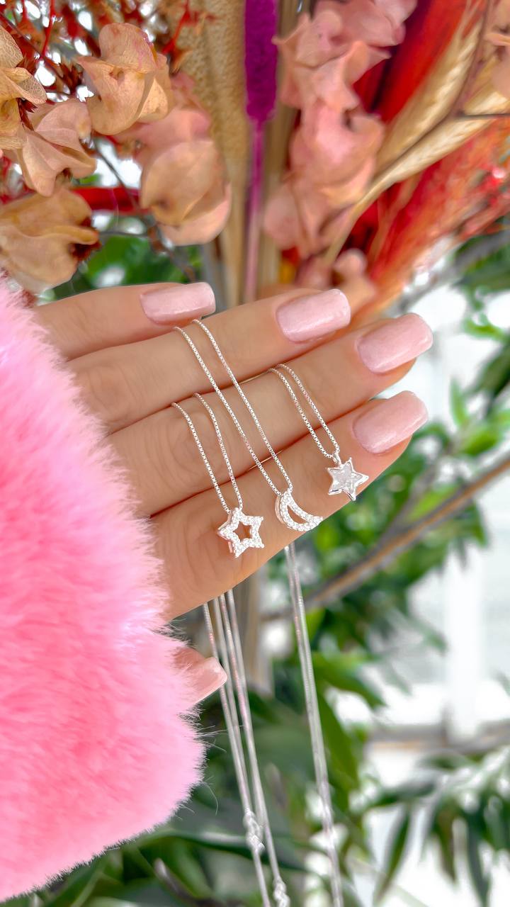 Colar Veneziana 45 cm com Pingente Estrela Cravejada de Cristal – Prata 925