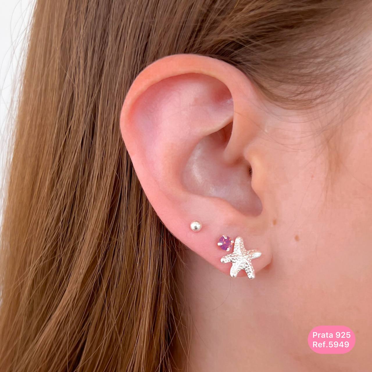 Brinco Trio Estrela do Mar com Zircônia e Bolinha Frutacor – Kit 3 Peças